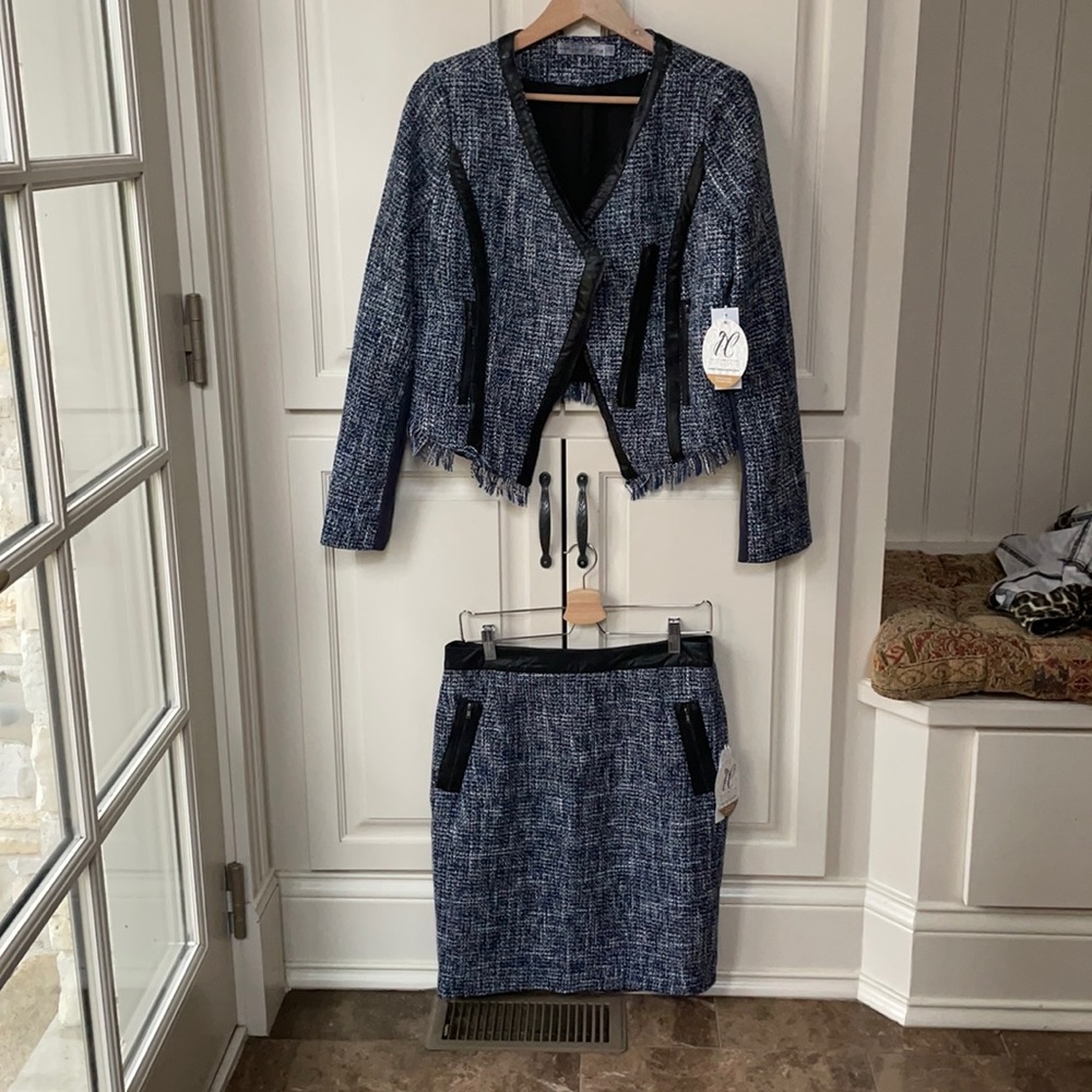 Moss Jang blue tweed suit